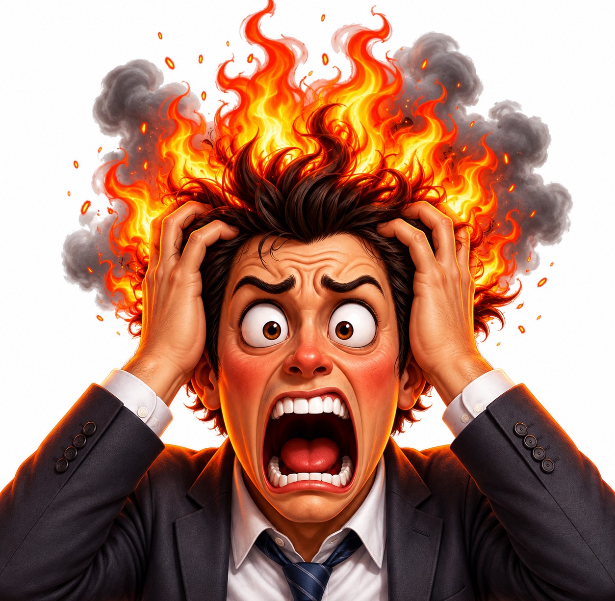 Overwhelmed businessman with his head on fire